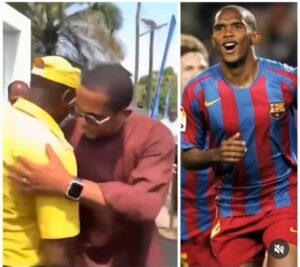 Eto’o Reunites with an Old Teammate who is now A Security Guard